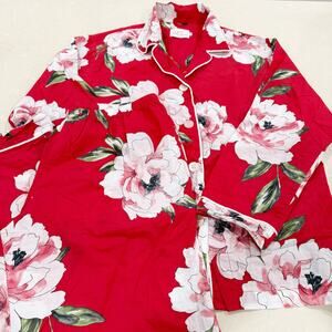 The Cat's Pajamas Set Cotton Long Sleeve Top Pants Red Pink Floral Small